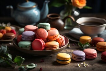 Sticker - AI generated illustration of a colorful assortment of macarons on a kitchen table