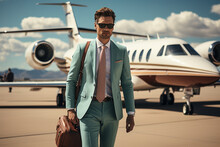 Portrait Of A Businessman In Front Of Business Jet. Financial Success Concept. Generative Ai