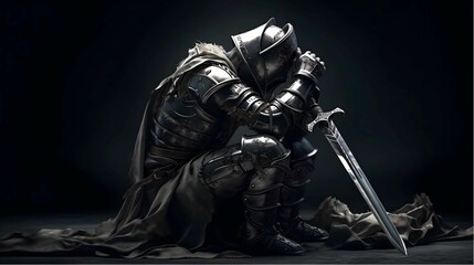 AI generated illustration of a knight in full armor kneels in a heroic pose on a shiny sword