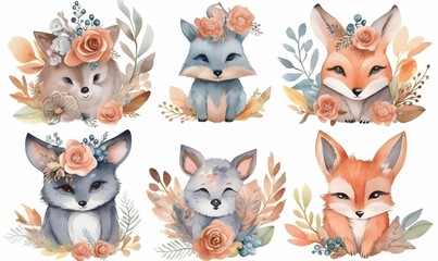 Wall Mural - AI generated illustration of adorable baby animals wearing delicate floral crowns