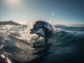 Poster - AI generated illustration of a dolphin gliding gracefully through the sea