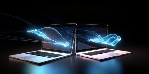Fototapete - two labtops connected with the cloud,  CGI Image of Two Laptops Networking with the Cloud, Creating Connections in a Space of Light Blue