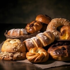 Sticker - AI generated illustration of A delicious assortment of freshly-baked breads on a wooden table