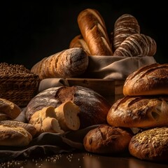 Sticker - AI generated illustration of A delicious assortment of freshly-baked breads on a wooden table