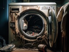 AI Generated Illustration Of An Old, Broken And Rusty Washing Machine