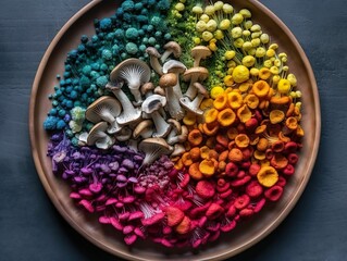 Wall Mural - AI generated illustration of a plate of assorted colorful mushrooms