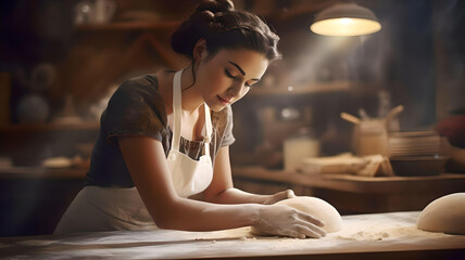 Work in kitchen. beaming dark-haired baker feeling joyful while working in the kitchen making croissants, Generative AI