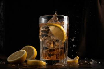 Sticker - AI generated illustration of a glass of amber-colored liquid with a lemon slice in a dark background