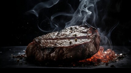 Sticker - AI generated illustration of A juicy steak is char-grilling on a hot barbecue