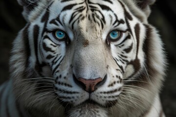 Poster - AI generated illustration of a white tiger's face featuring its piercing blue eyes