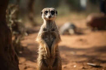 Sticker - AI generated illustration of a cute meerkat in a field under the sunlight with a blurry background