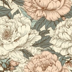 Poster - AI generated illustration of a seamless tile Japan Peony blossom flower bloom background