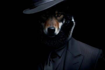 Poster - AI generated illustration of a fluffy dog wearing a black coat and a bowler hat