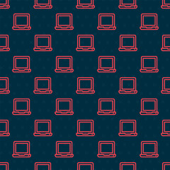 Poster - Red line Laptop icon isolated seamless pattern on black background. Computer notebook with empty screen sign. Vector