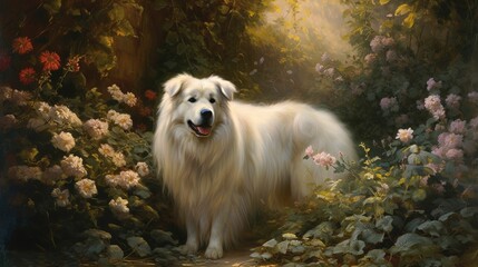 Sticker - AI generated illustration of a painting of a dog  sitting in a field of lush, blooming flowers