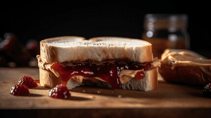 Wall Mural - AI generated illustration of a delicious, homemade peanut butter and jelly sandwich