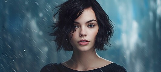 Young woman with short black hair is standing in the rain. AI-generated.