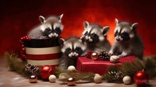 AI Generated Illustration Of Adorable Raccoons Snuggled Together In Festive Christmas Decorations