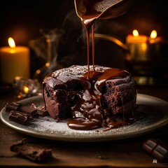 Wall Mural - AI generated illustration of pouring melted dark chocolate ganache over a freshly baked cake