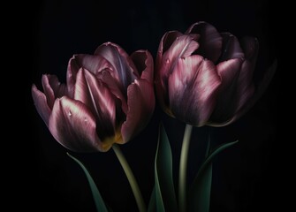 Sticker - AI generated illustration of vibrant tulips on a dark black background