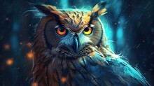 Beautiful Owl In The Forest. Fantasy Illustration Or Photography