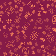 Poster - Brown line Document and lock icon isolated seamless pattern on red background. File format and padlock. Security, safety, protection concept. Vector