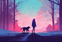 Modern Style Creative Illustration Of A Woman Walking With Her Dog In A Park, Ai Tools Generated Image