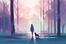 Modern Style Creative Illustration Of A Woman Walking With Her Dog In A Park, Ai Tools Generated Image