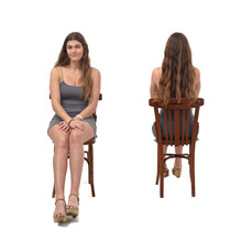 Front And Back View Same Young Girl Sitting On Chair On White Background