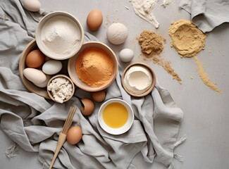 Wall Mural - Baking culinary ingredients. Eggs, flour, whisk and kitchen textile on bright grey concrete background. Cookies, pie or cake recipe mockup. Top view. Created with Generative AI technology.