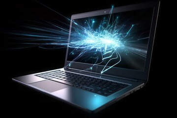 Poster - laptop on blue connection, Digital Frontier: CGI Image of a Laptop Networking with the Cloud, Creating Connections in a Space of Light Blue and Blue