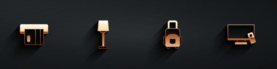 Poster - set credit card, table lamp, suitcase and smart tv icon with long shadow. vector