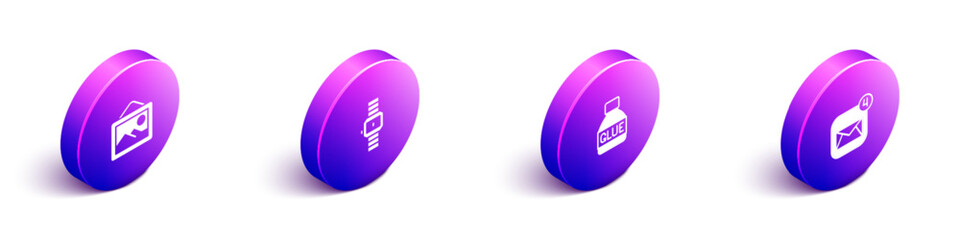 Poster - Set Isometric Picture landscape, Wrist watch, Glue and Envelope icon. Vector