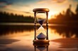 Hourglass on the shore of lake with blurred landscape in the background, concept of patience and the importance of waiting for the right moment, Generative AI
