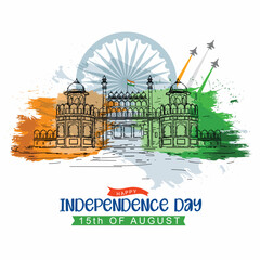 happy independence day of india. monument and landmark. white background abstract vector illustratio