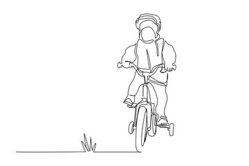 Wall Mural - little boy rides bike for the first time outside in the park line art