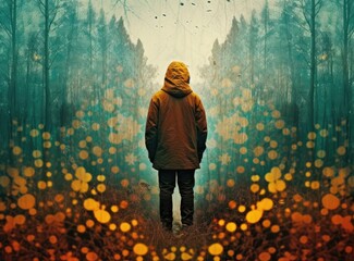 Confused man chooses road outdoor. Created with Generative AI technology.