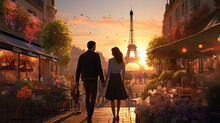 Couple Walking Hand In Hand At Sunset In Paris