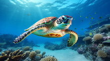 Sea Turtle Swimming In The Ocean Among Colorful Coral Reef. Underwater World. Hawaiian Green Sea Turtle Swimming In Coral Reef. Beautiful Underwater World. Marine Life. 3d Render Illustration