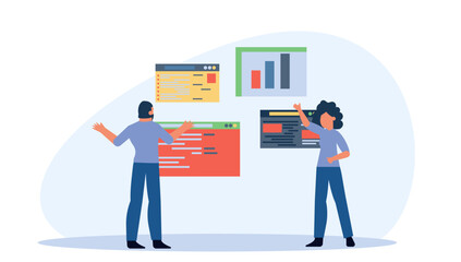 Wall Mural - People analysis data commerce. Vector employee man and woman with computer and bar. Business illustration concept character teamwork office background. Team cooperation career banner. Plan diagram job