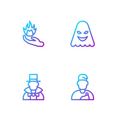 Sticker - Set line Wizard warlock, Magician, Hand holding fire and Ghost. Gradient color icons. Vector