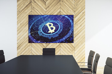 Poster - Creative Bitcoin symbol on presentation tv screen in a modern meeting room. Cryptocurrency concept. 3D Rendering