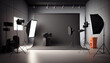 Modern professional photo studio interior with photograph equipment. Horizontal indoor background with copy space Ai generated image