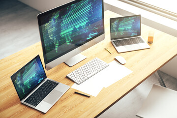 Aufkleber - Abstract creative world map on modern laptop screen, international trading concept. 3D Rendering