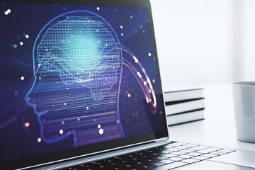 Leinwandbilder - Modern computer monitor with creative artificial Intelligence symbol. Neural networks and machine learning concept. 3D Rendering