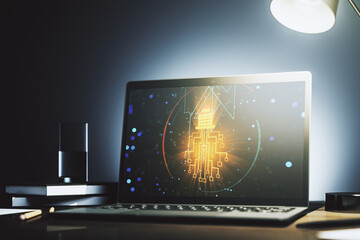 Poster - Creative idea concept with light bulb and microcircuit illustration on modern laptop screen. Neural networks and machine learning concept. 3D Rendering