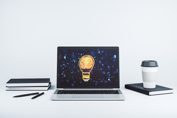 Aufkleber - Creative light bulb illustration with human brain on modern computer monitor, future technology concept. 3D Rendering