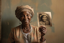 Elderly Black Woman Holds An Old Photograph In Her Hands With An Image Of Young Woman. Pleasant Memories Of Youth, Concept Of Passing Life. Created With Generative AI