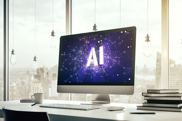 Poster - Creative artificial Intelligence symbol concept on modern laptop screen. 3D Rendering