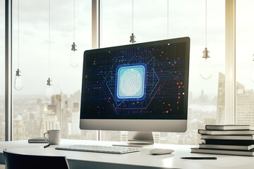 Poster - Abstract creative fingerprint illustration on modern laptop monitor, digital access concept. 3D Rendering